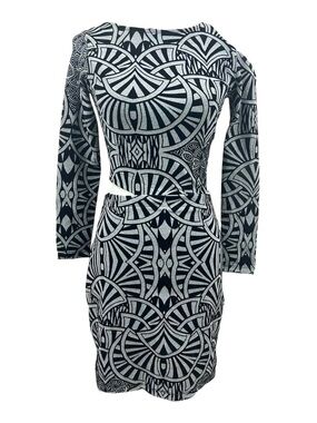 Iorane Abstract Art Deco Velvet Print Long Sleeve Cutout Bodycon Cocktail Dress